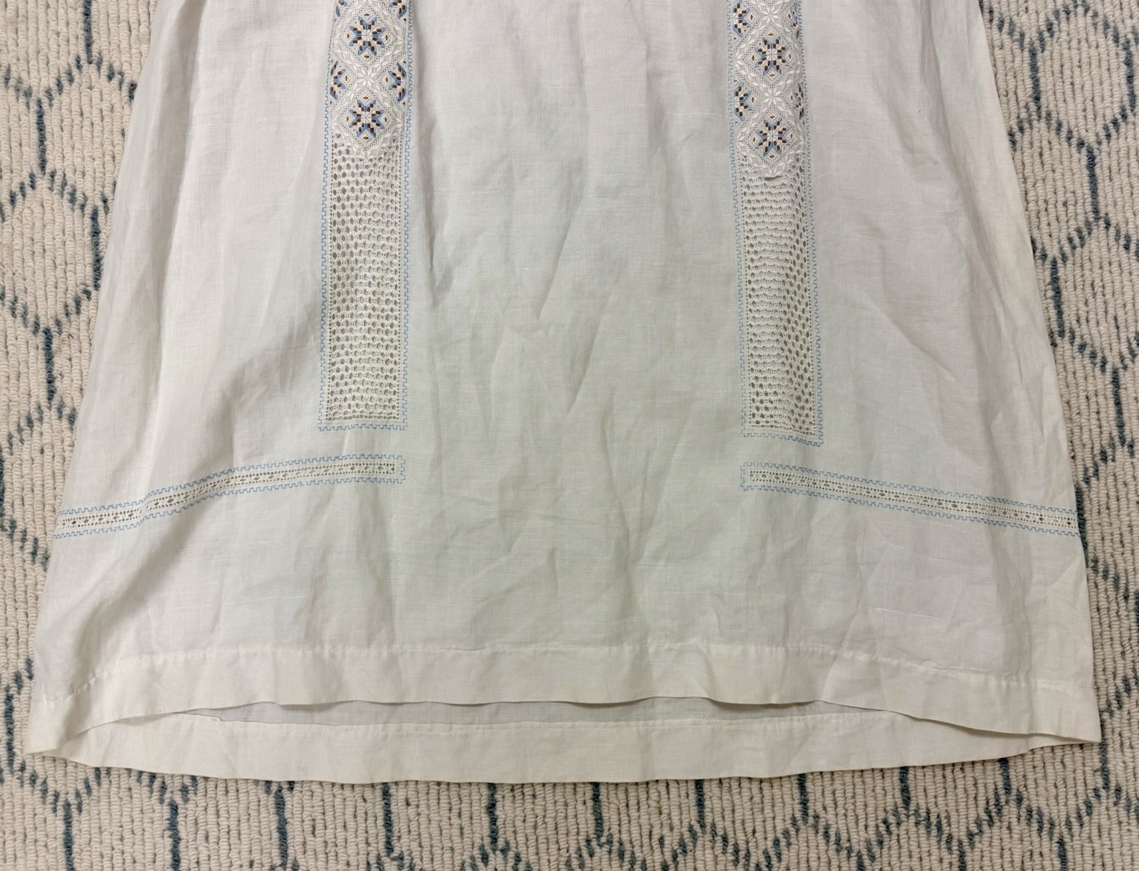 1920’s Antique Hand Embroidered Linen Chevron Lace Cottagecore Cream Lawn Dress