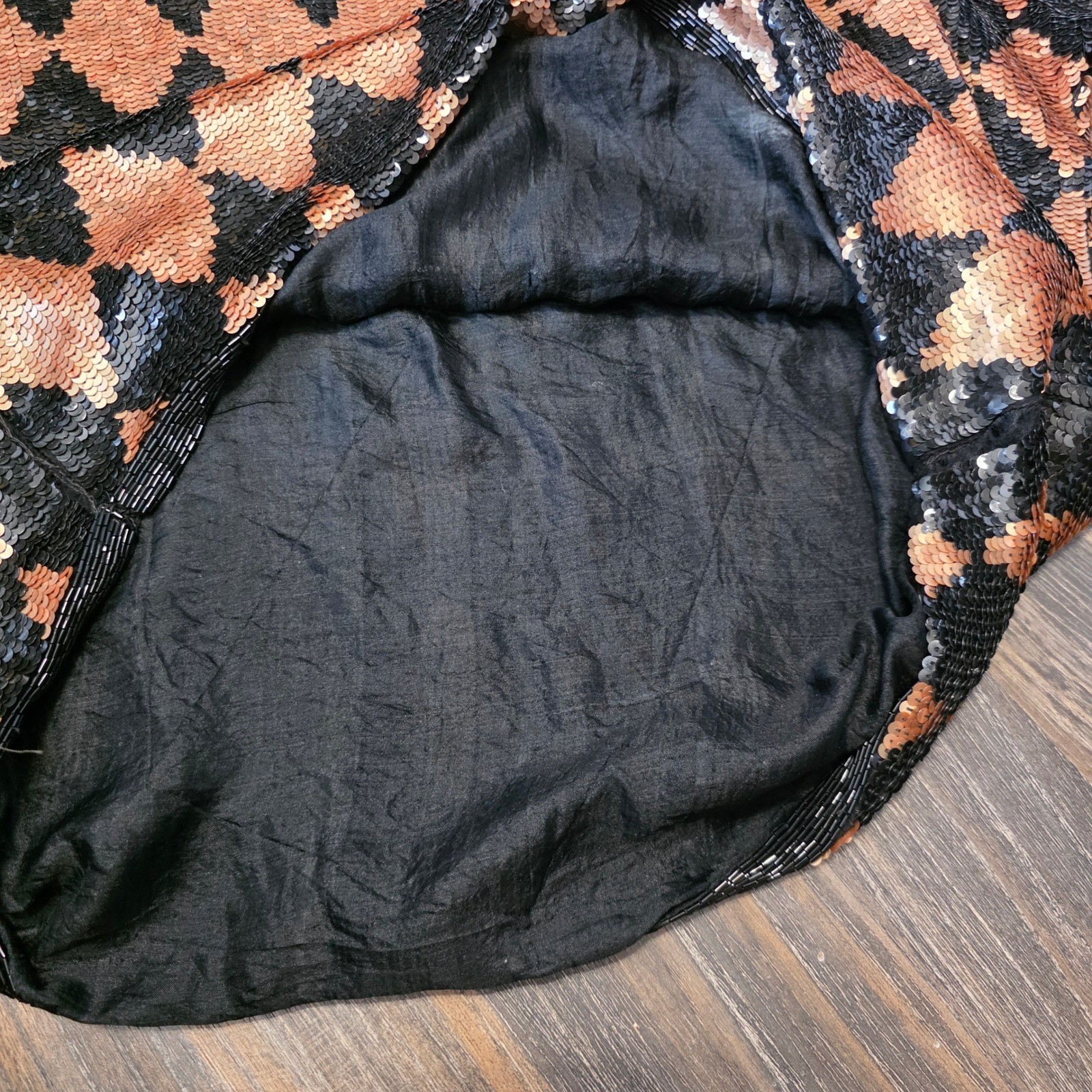 Lauren Alexandra Vintage Silk Sequin Harlequin Top Black Copper Diamond Blouse