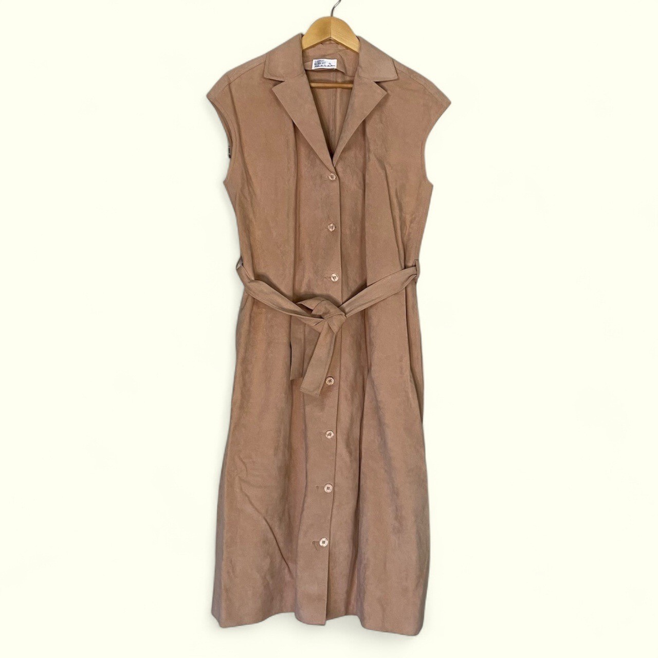 Vintage 70s Samuel Robert Tan Ultra Suede Sleeveless Belted Button Up Midi Dress
