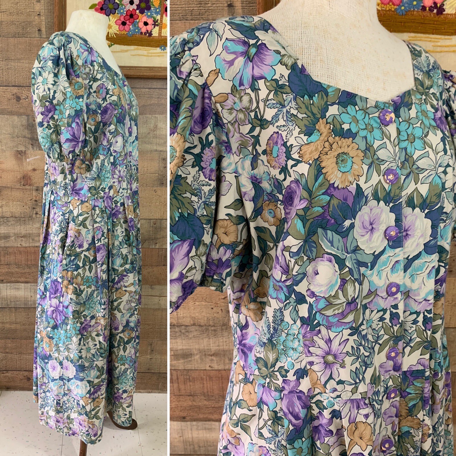 Vintage 1980’s Floral Button Front Puff Sleeve Romantic Dress Sz L/XL