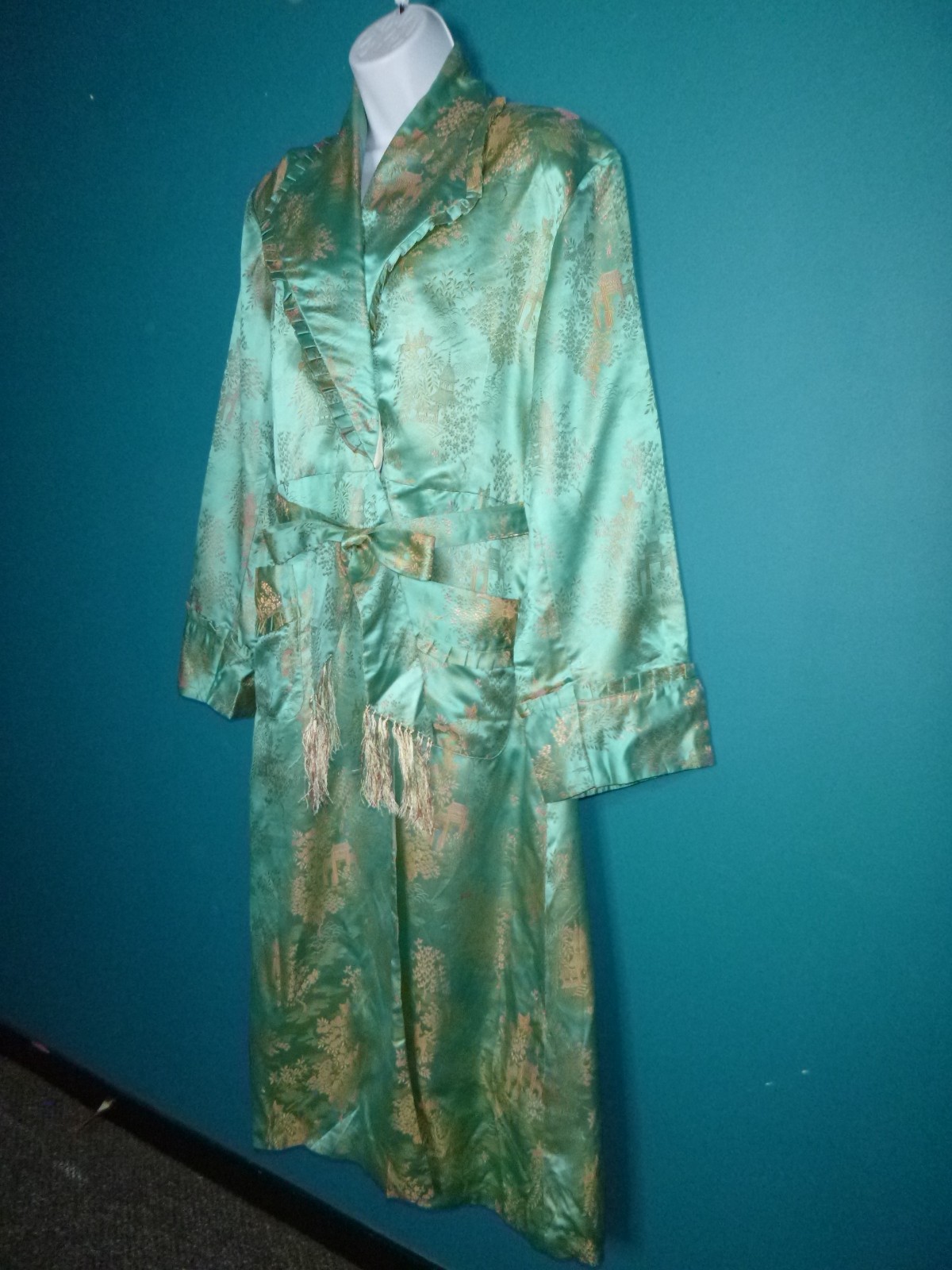 Vtg 40s 50s Aqua & Gold Satin Brocade Robe Dressing Gown Asian Motif Sz S/M
