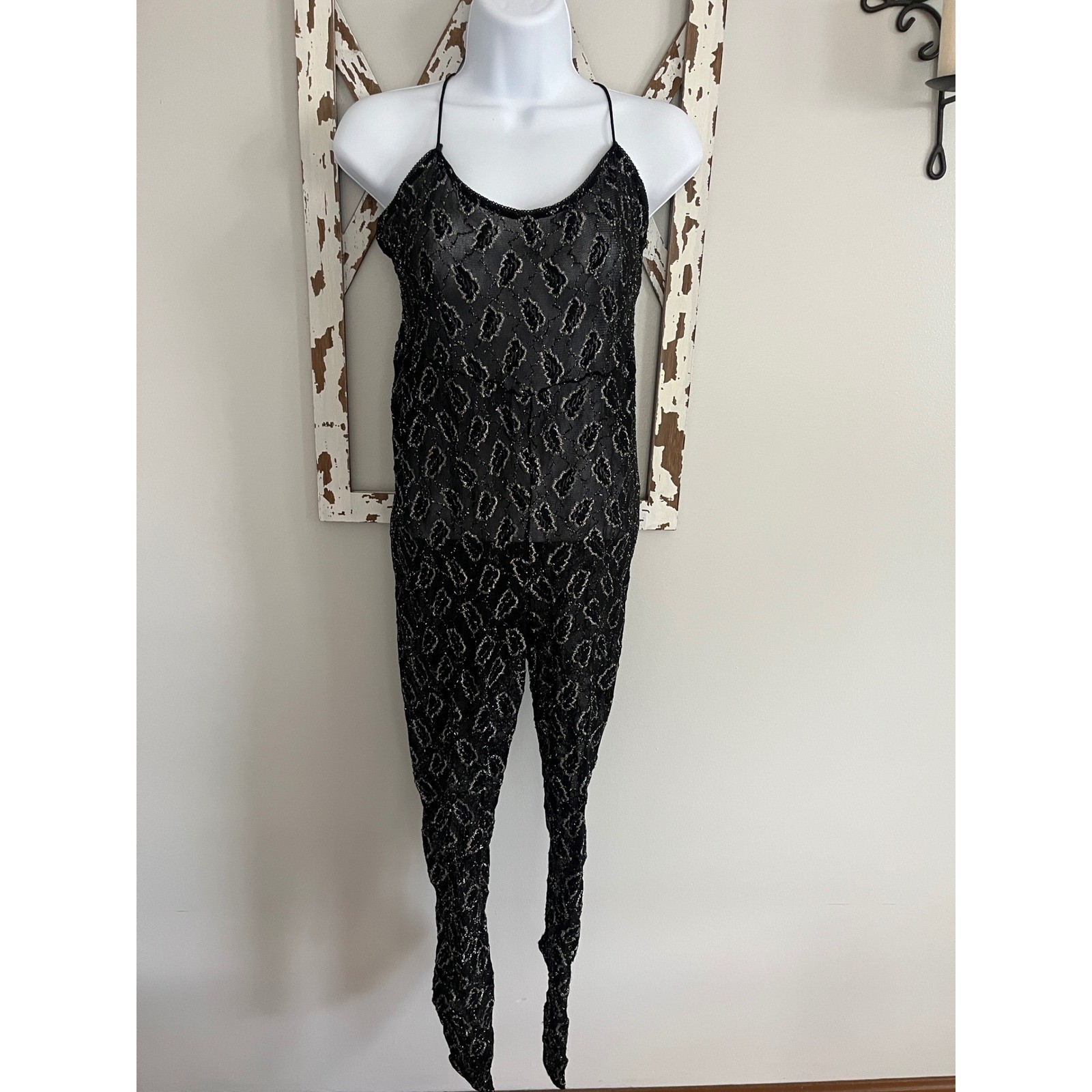 Vtg Frederick’s of Hollywood sheer black lace jumpsuit spaghetti straps Sz Large