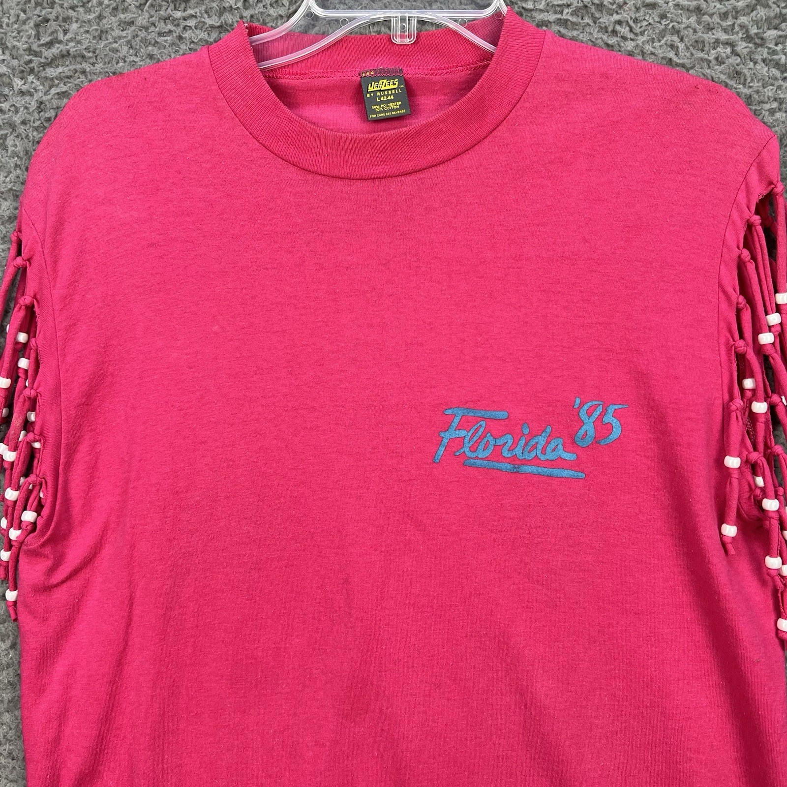 Vtg 1985 Florida Destination Shirt Women’s Large Pink Beaded Retro Beach Casual