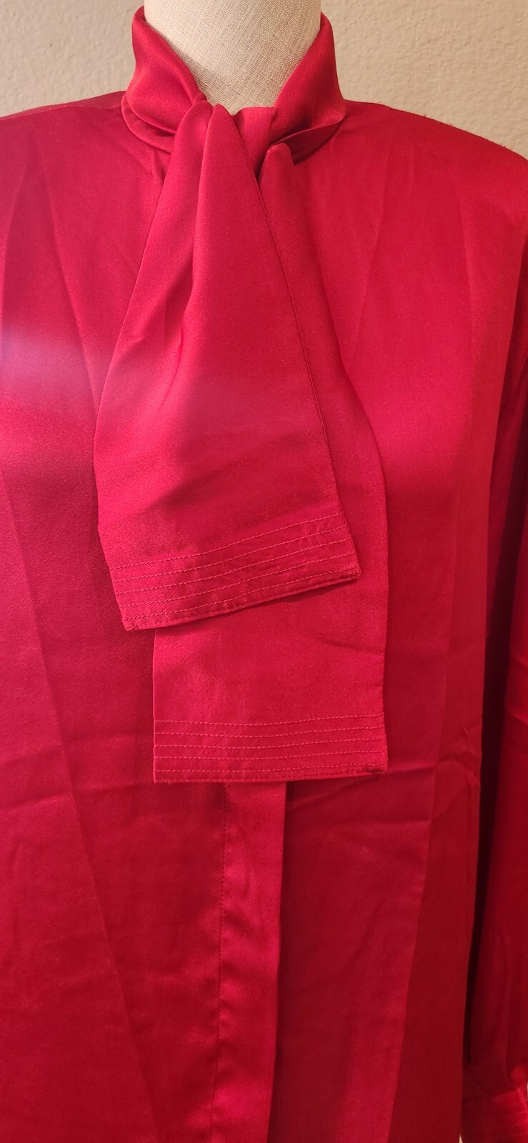 Vtg 80s Evan-Picone Red Silky Poly Neck Tie Secretary Blouse Women’s Size 12 Med