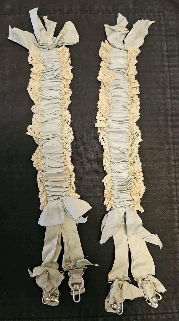 1908 Edwardian Victorian Blue Garters Set Pair Silk Wedding Lace and Bows