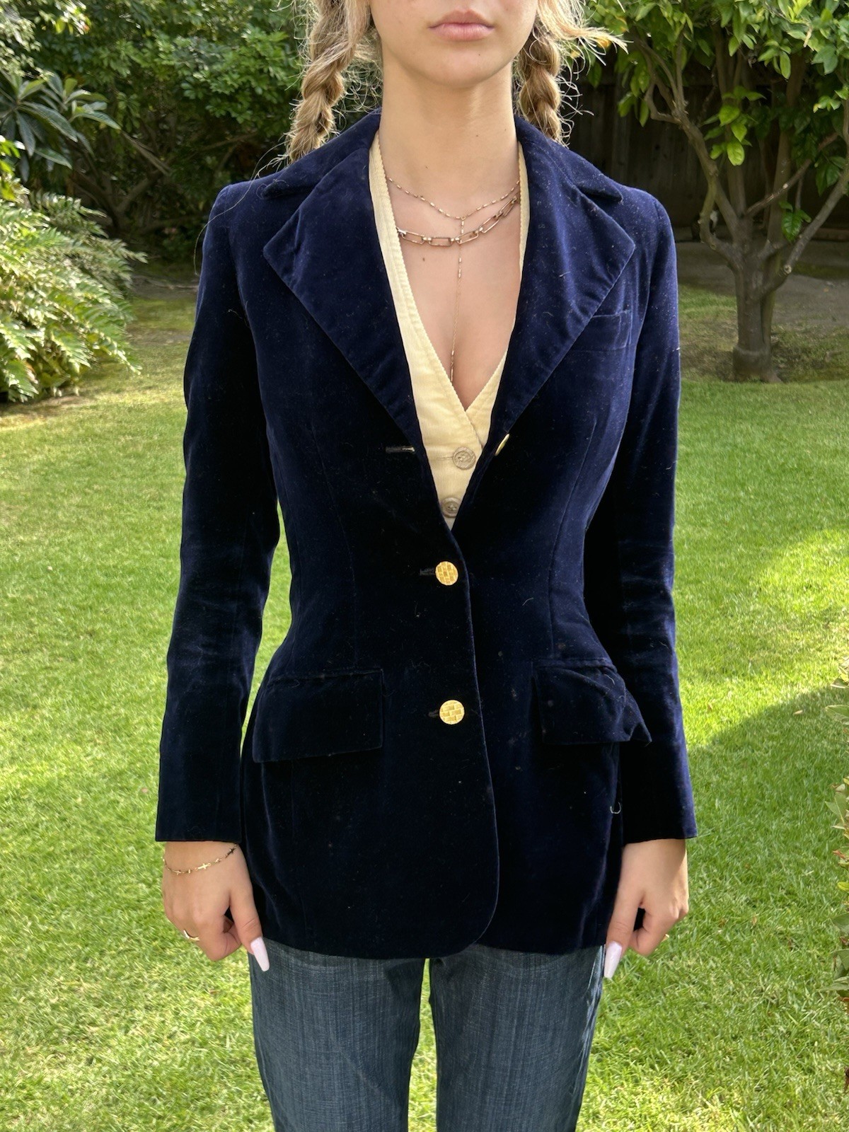 Vtg 70s Leon Block XS Riding Coat Jacket Blazer Velvet Sexy Blue Equestrian
