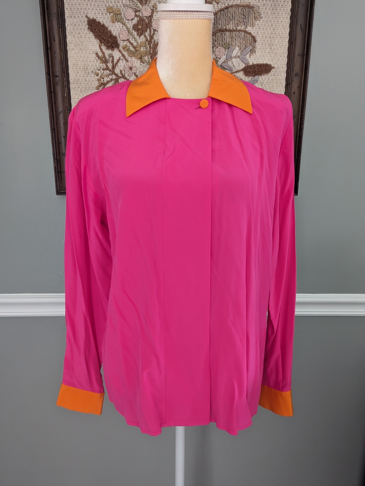 Vintage 80s Evan Picone Neon Pink Orange Silk Color Block Blouse Shirt Retro EUC