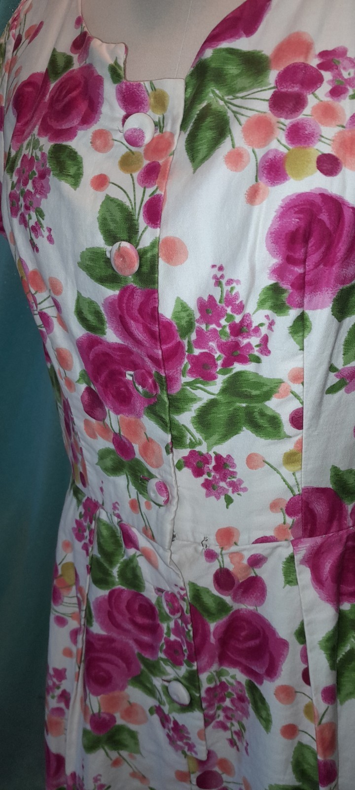 Vtg 50s Cotton Floral ROSE Button Rockabilly Casual Day Pin Up Marilyn Dress M L