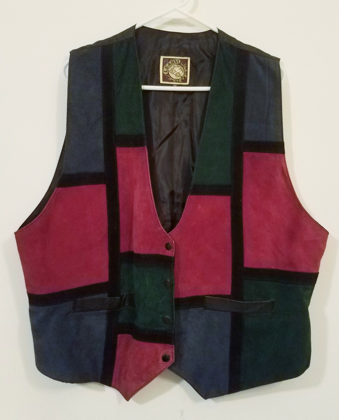 Vintage Learsi Suede Western Leather Vest Size 2X Green Red Blue DAMAGED