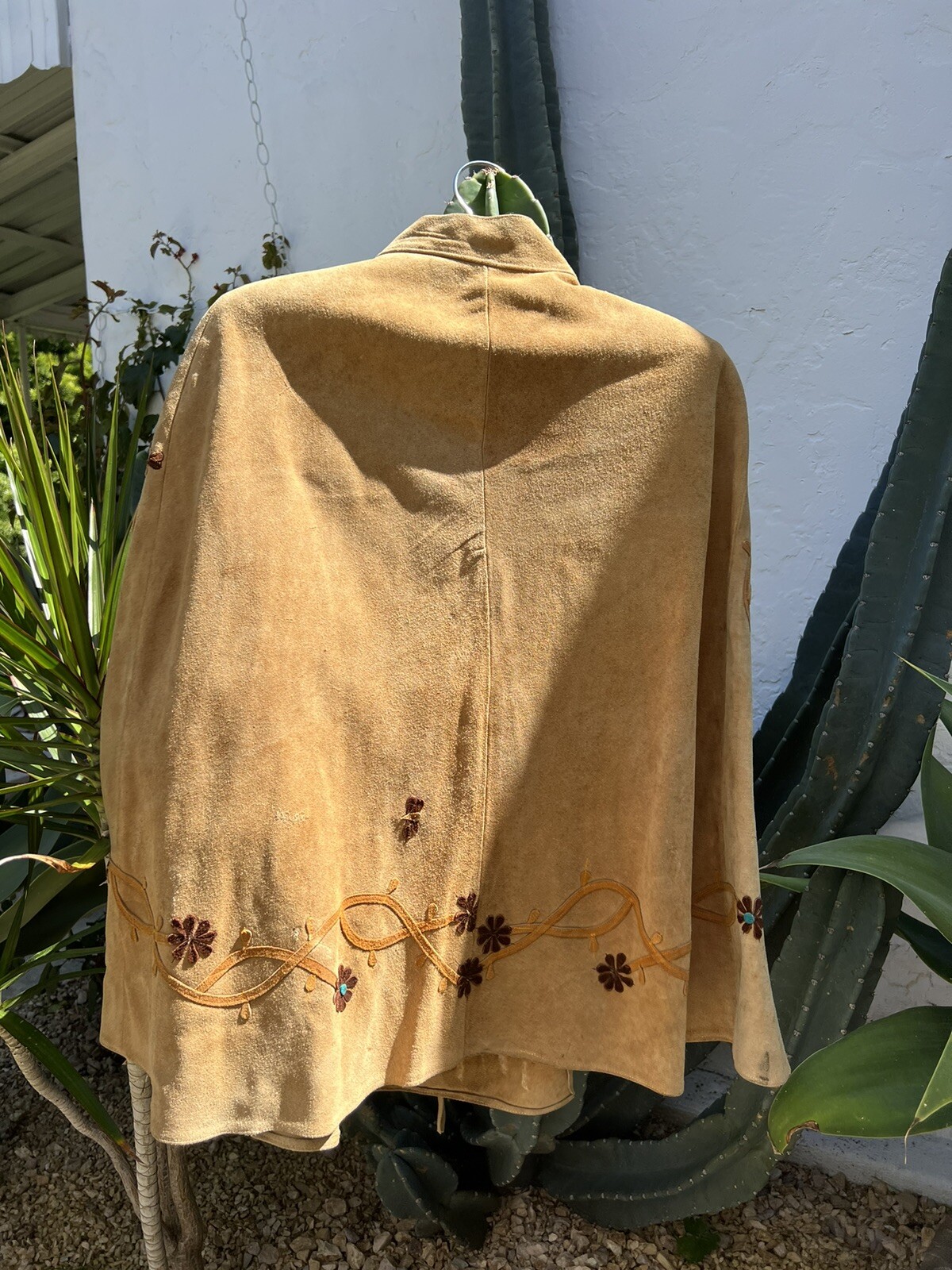 Vintage 70s Tan Suede Cape Coat Jacket Flowers Heart Jacket