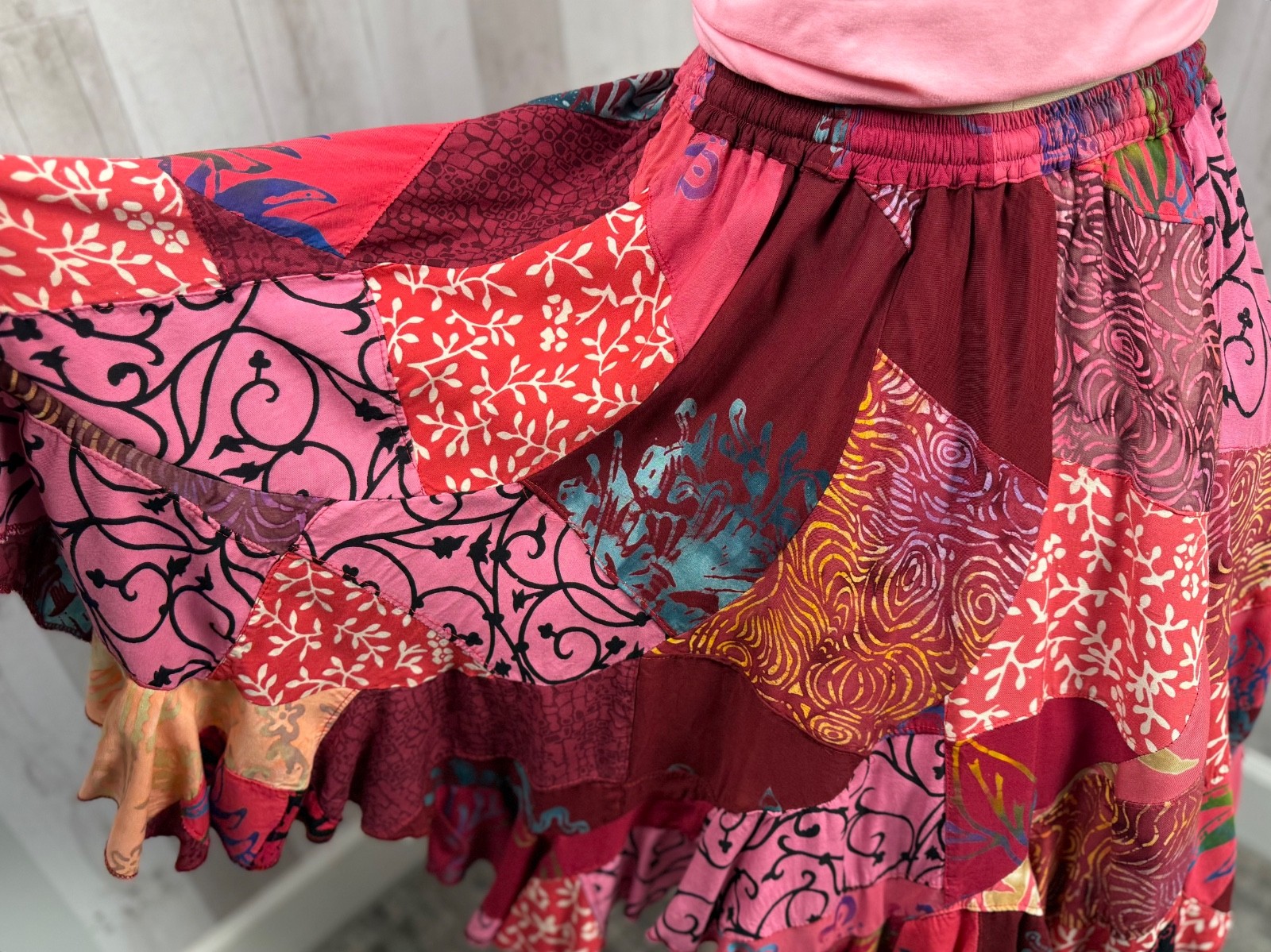 Vintage 1980s Patchwork Skirt Elastic Waist Hot Pink/Magenta +Free Bonus Top M/L