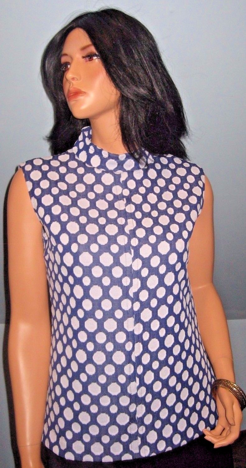 Vintage~Blue~White~Polka Dots~Blouse~Side split~back Zipper~Size L/XL!