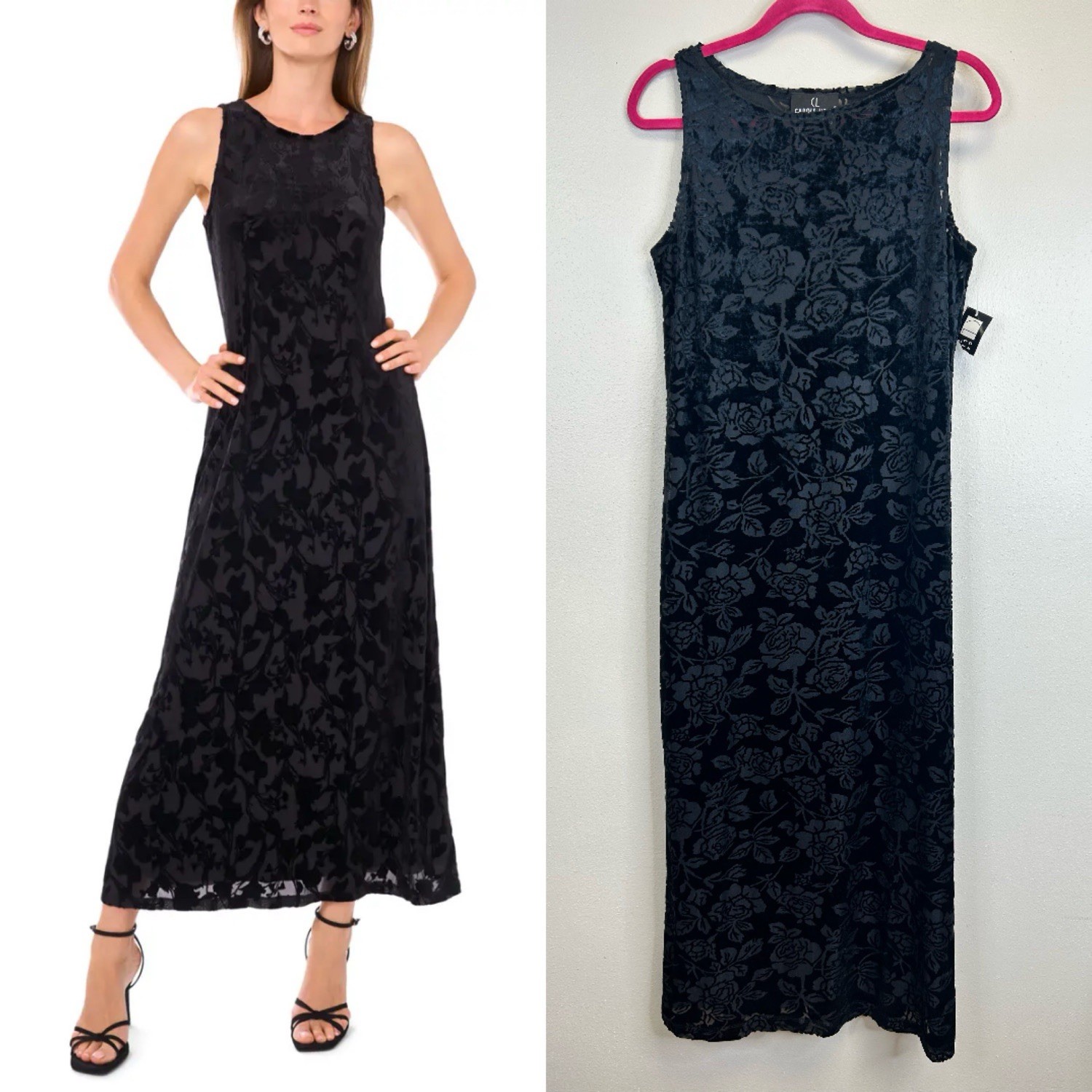 Carole Little Vintage 90s Y2K Black Burnout Velvet Maxi Dress Size 12 Goth Witch