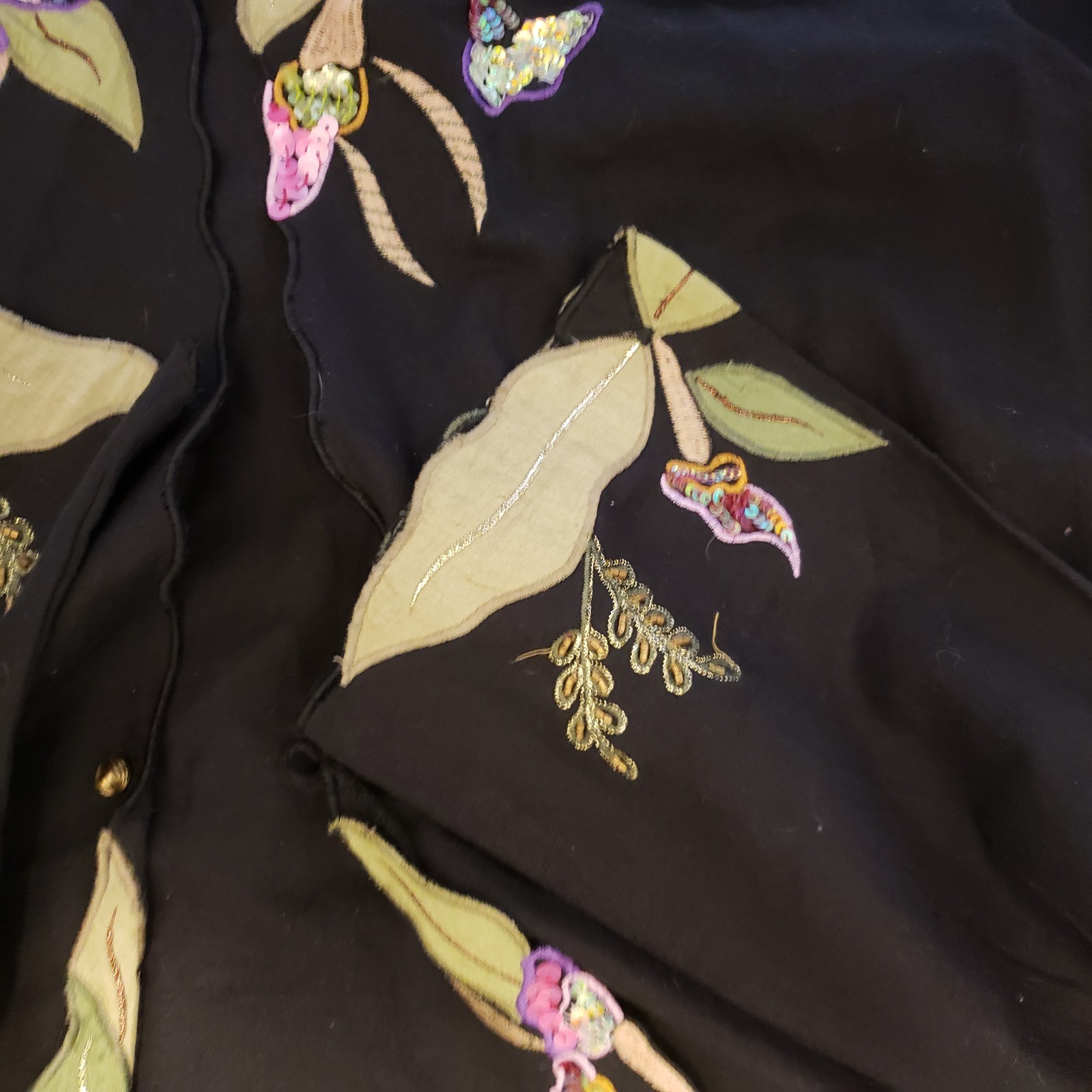 Indigo Moon Embroidered Sequin Floral Black Jacket Cover Up Party Boho L