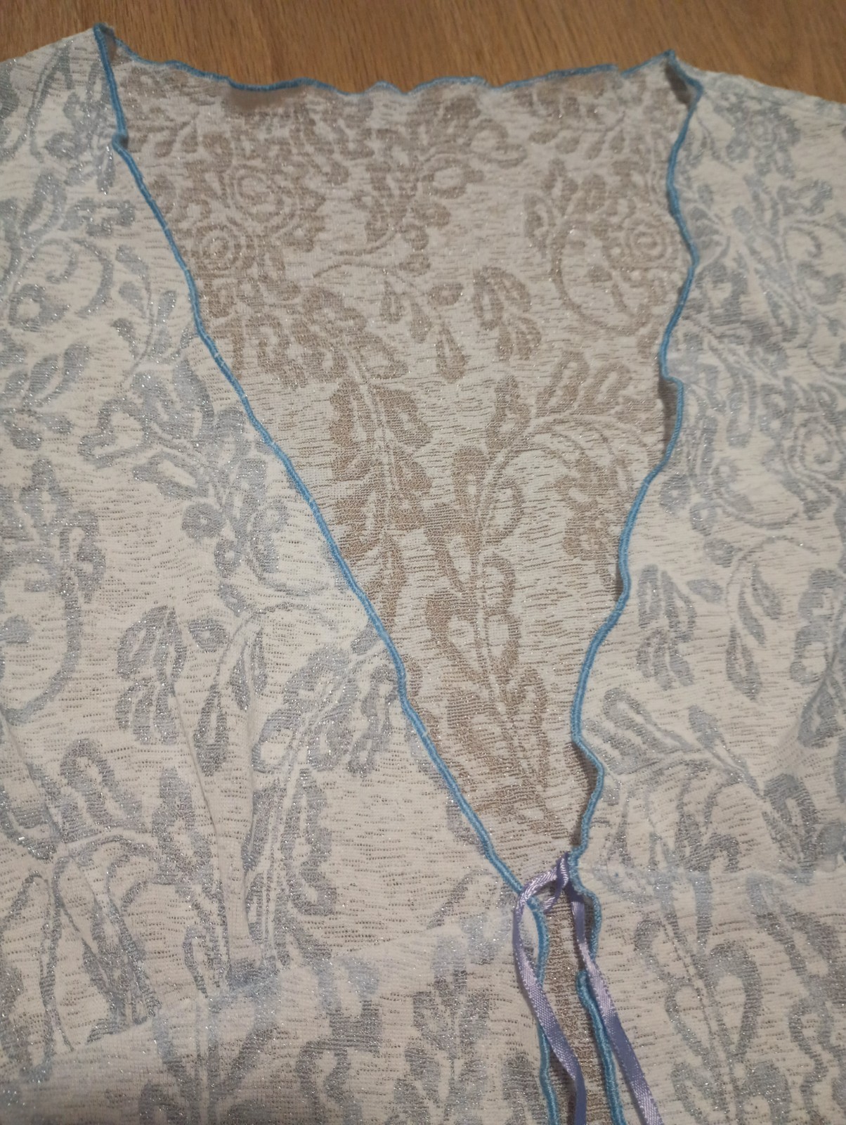 Vtg 70s Sheer Powder Blue Burnout Silver Metallic Open Jacket Cardigan Top M