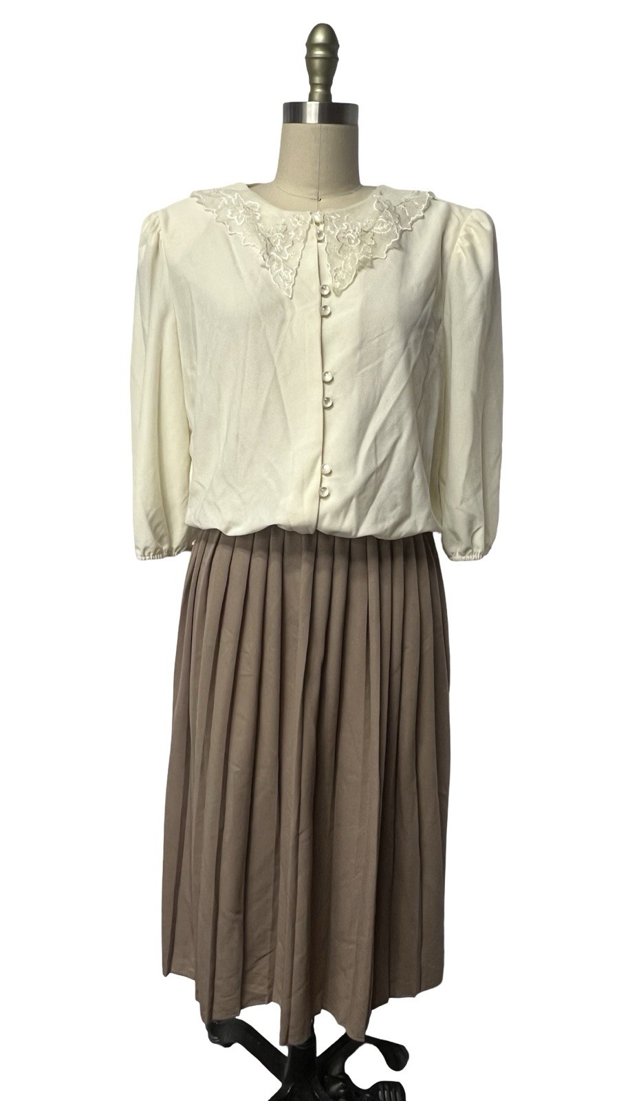 Vintage 80s Neutral Polyester USA Made Embroidered Collar Secretary Dress Sz 18