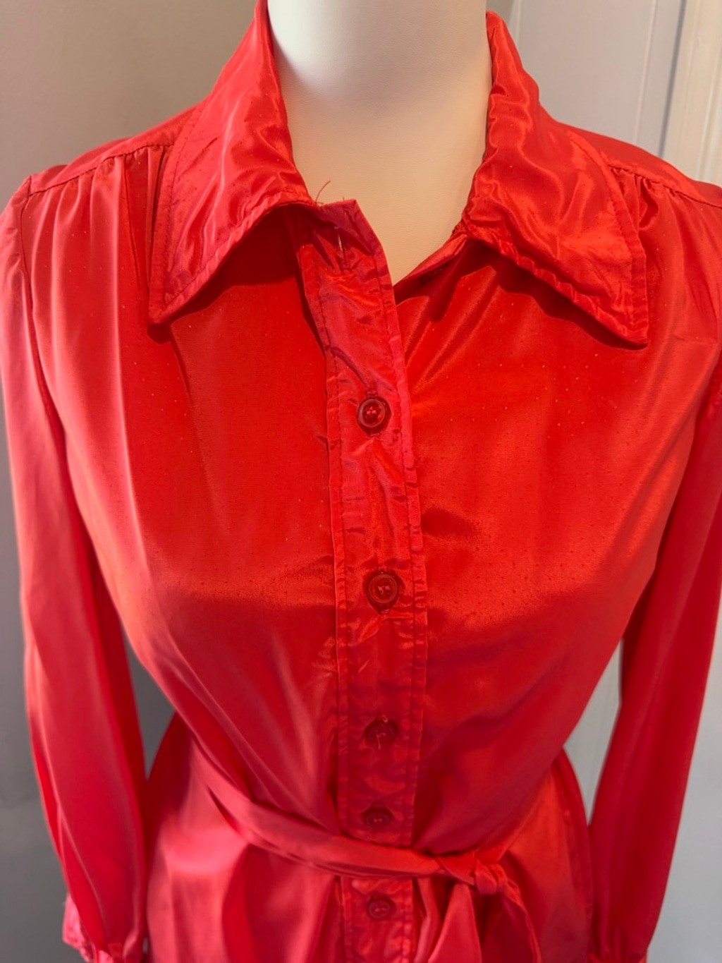 Vintage Unbranded Taffeta like Red Blouse with waist Sash