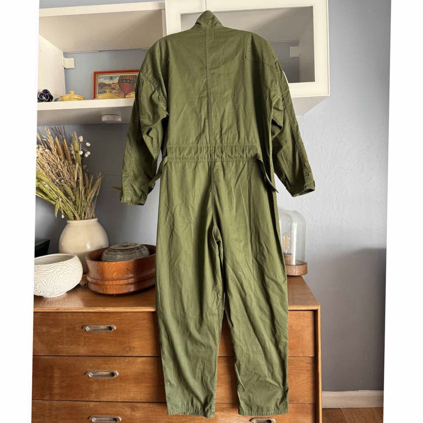 Vtg 70’s Chemin de fer Cotton Replica Flight Suit Jumpsuit Navy Patch Green M