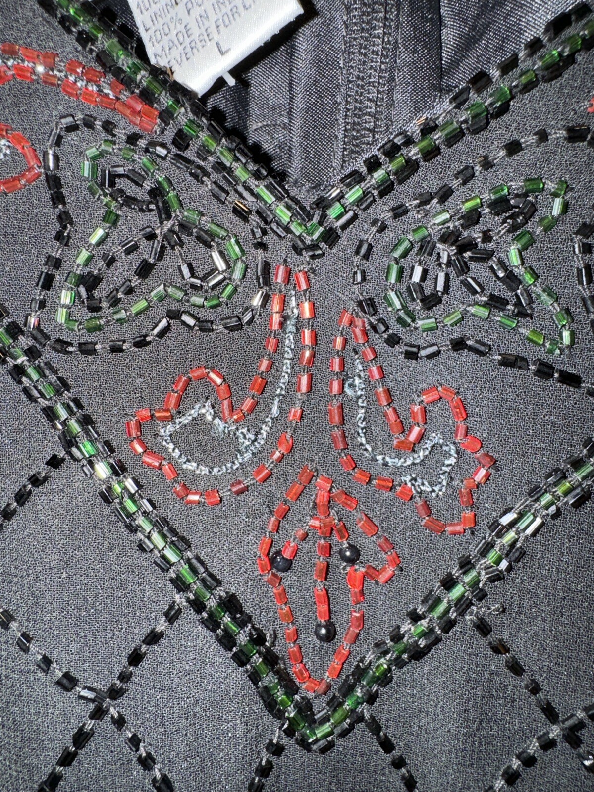 Large Hand Beaded Formal Blouse, Black Red Green, Vintage JMD New York NWT Flaw