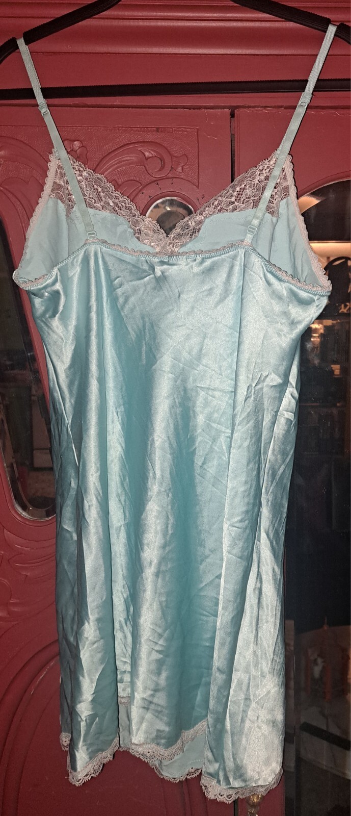 Vtg Victoria’s Secret Satin Chemise Gown Large Aqua Blue Lace Rhinestones 2013