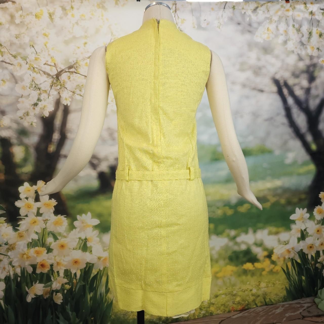 1960s Yellow Lace Trim Polka Dot Spring Dress Bow Tie Belt at Hip Sleevelss Gown