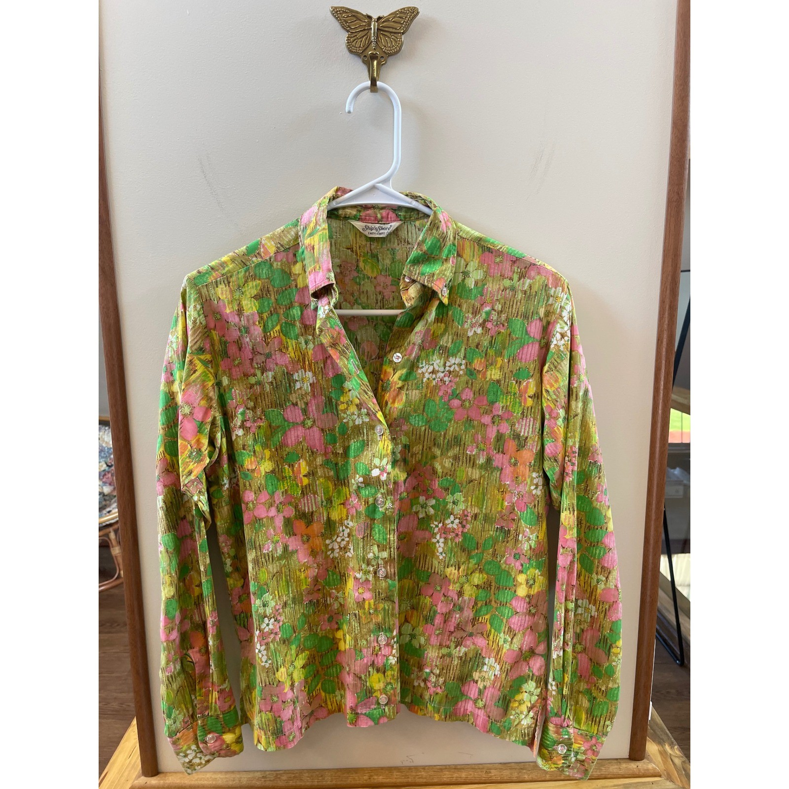 Vintage Ship n Shore Floral Button Down Blouse Green Pink Psychedelic 70s Mod 38
