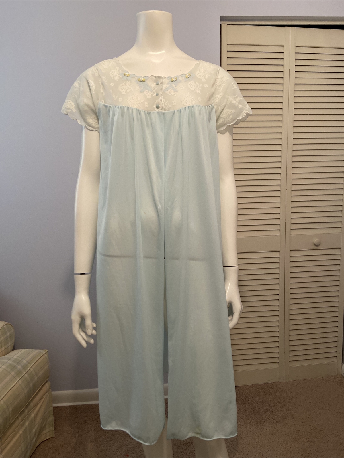 Vtg Radcliffe Pretty Light Blue White Lace Sheer Peignoir Night Gown Robe S-M