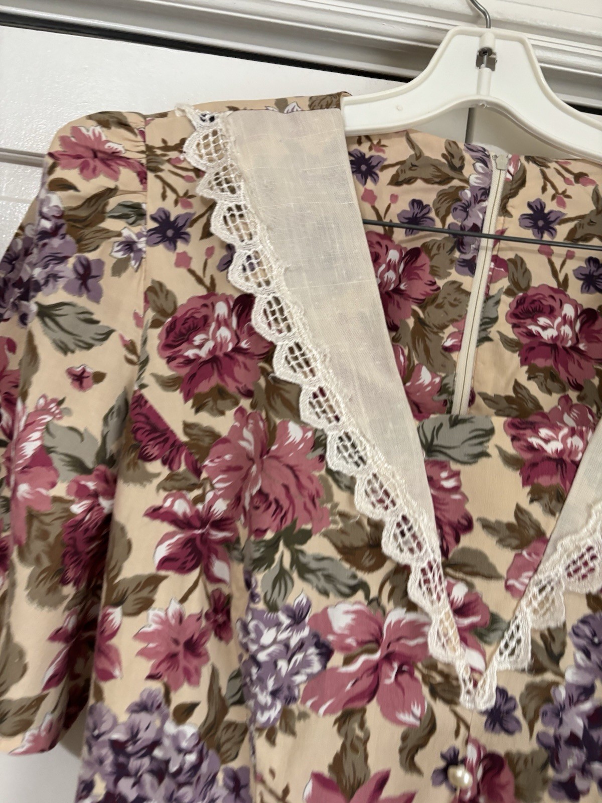 Vintage Floral Lace Collar Midi Dress~ Sz 12/14? Tea Garden Party COTTAGECORE