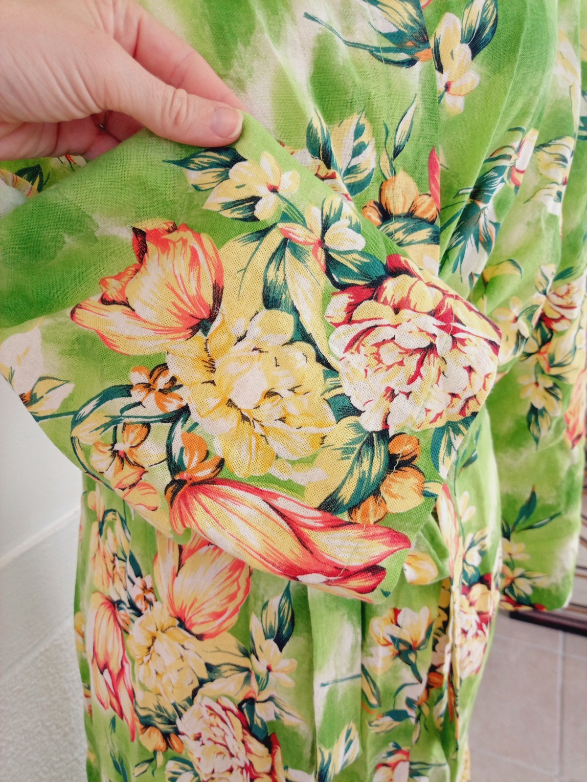 VTG Green Floral Hawaiian Bath Robe w/ Hood LARGE Cotton Barkcloth Tropical USA