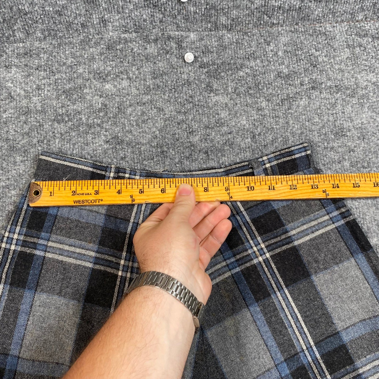 ILGWU Plaid A-Line Midi Skirt Grey Blue High Waist Size 11 USA Made Union Made