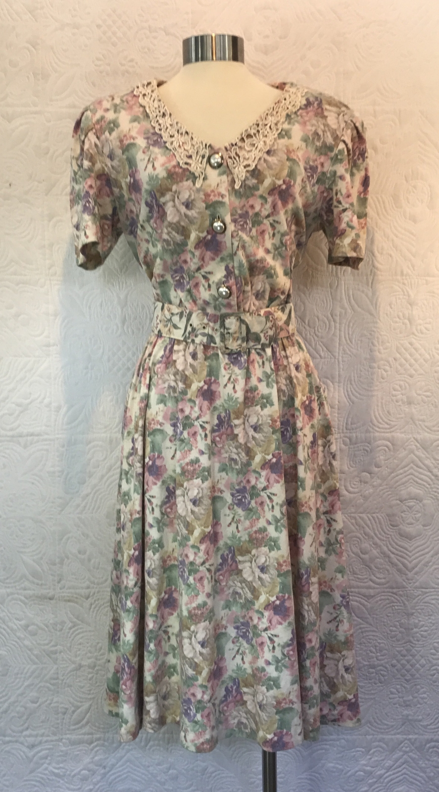 Vintage Champagne West Grannycore pearl button lace floral dress sz 12