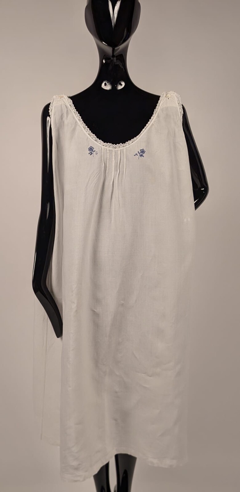 ANTIQUE EDWARDIAN WHITE LINEN SLIP W BLUE FLORAL EMBROIDERY + INITIALS