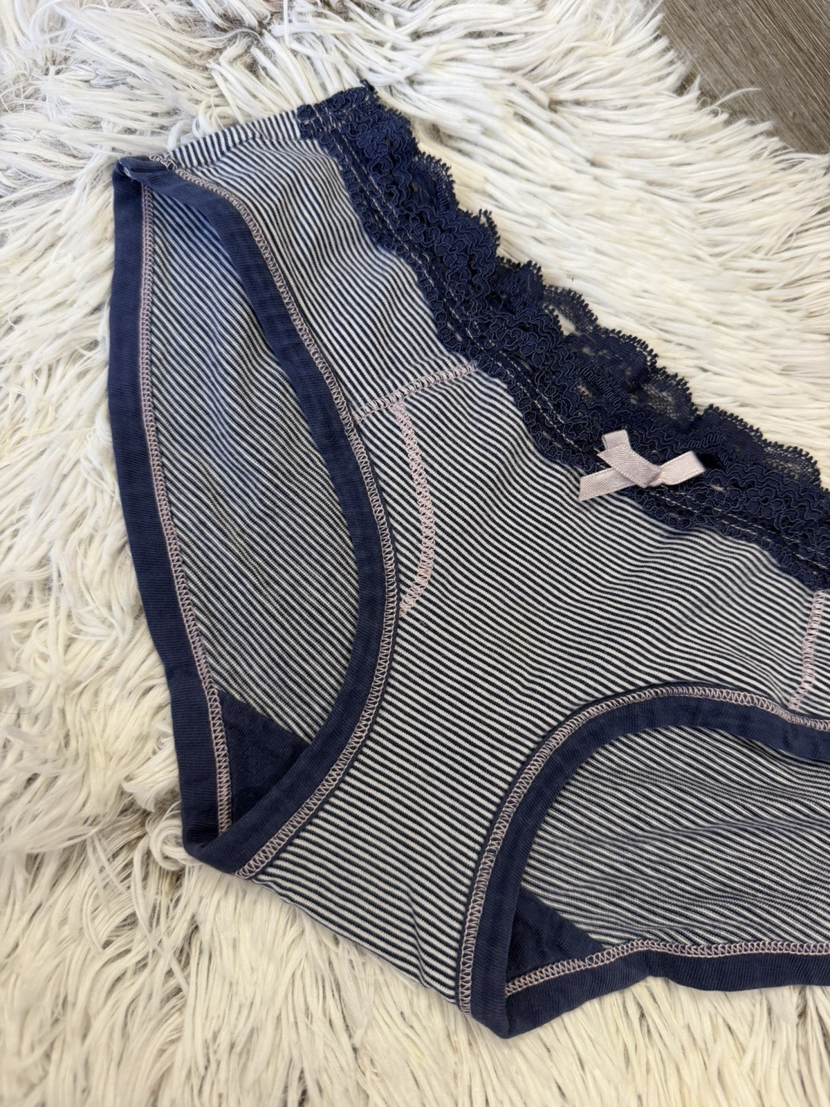 Vintage Y2K Aerie Sm Cotton Blue Striped Hipster Bikini Panties Lace Trim bow