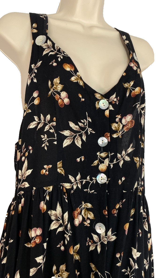 Vintage 1990s black cherry maxi dress S M jumper sleeveless rayon novelty print