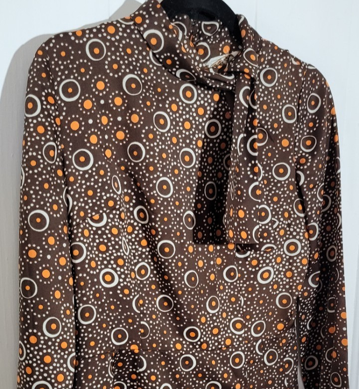 70s VTG Leslie Fay Original MOD ILGWU Union Mock Neck M Dress Polka Dots USA