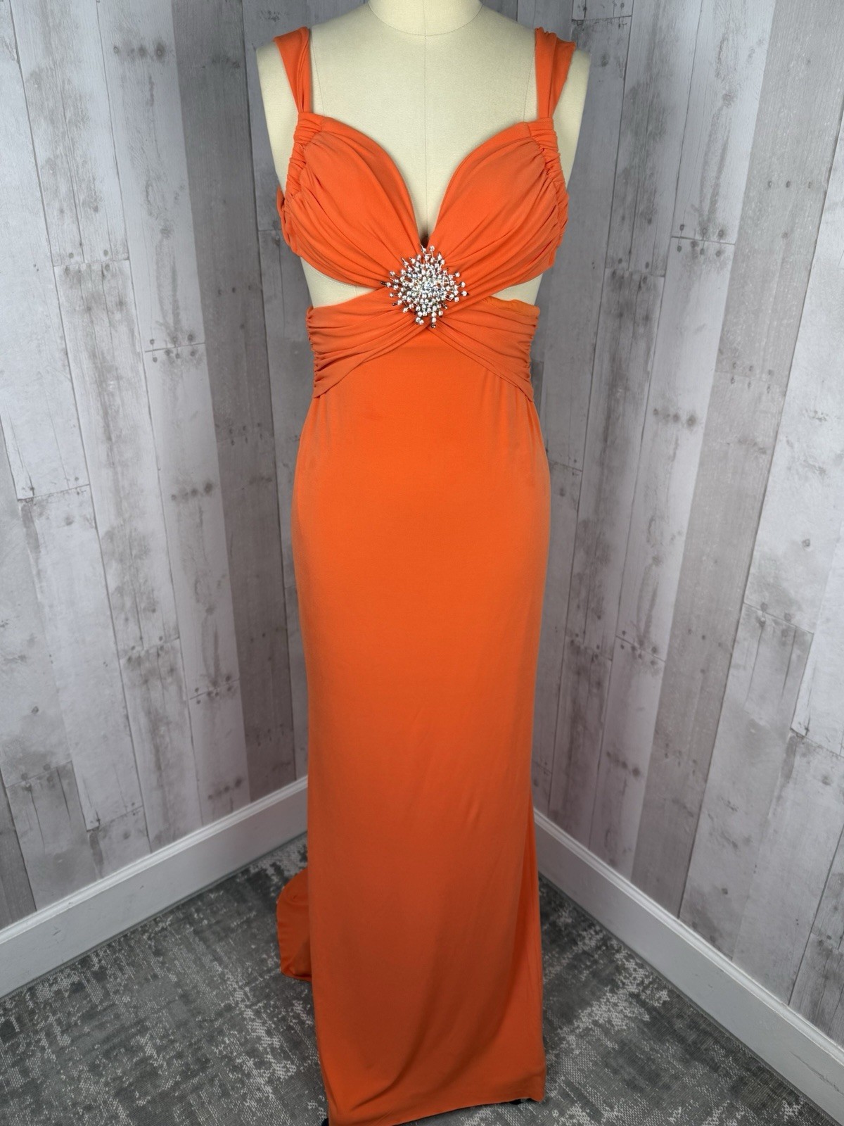 Vintage 1970s Jeweled Disco Cocktail Gown Cache Tangerine Poly Spandex Knit XS