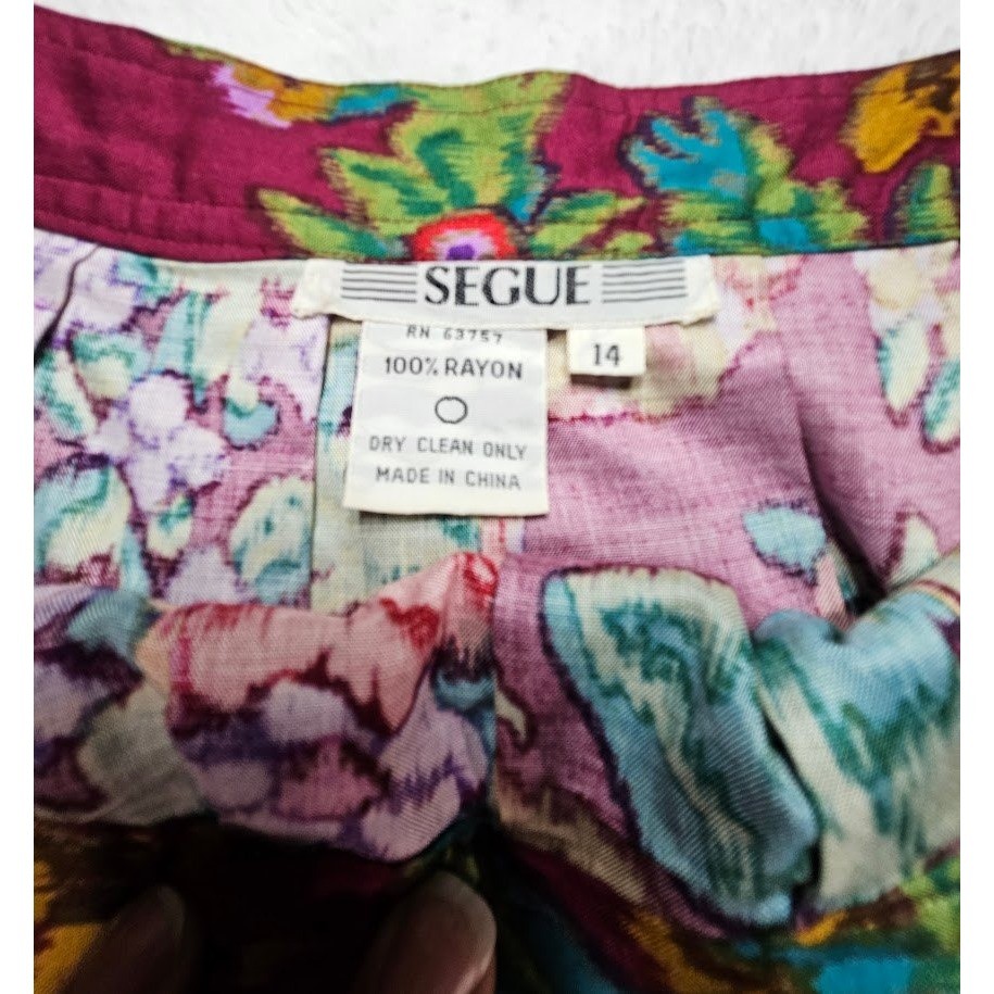 Segue Vintage Magenta Floral Pleated Rayon Midi Skirt Pockets Womens 14