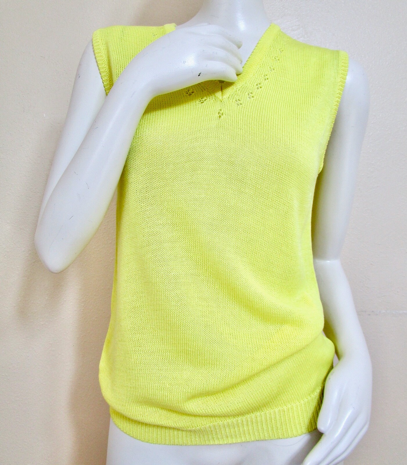Vintage 70s Yellow Sweater Sleeveless Shell SS Swing Cardigan Set Pointelle S XS