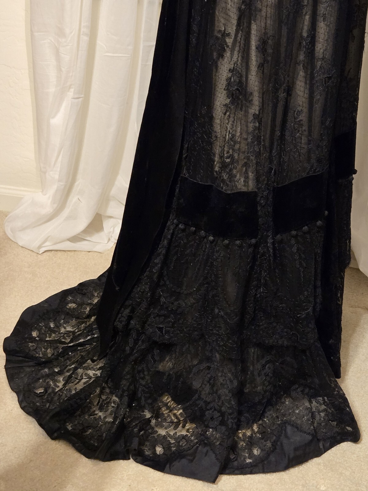 Edwardian Black Chantilly Lace Tassels & Velvet Trim Gown