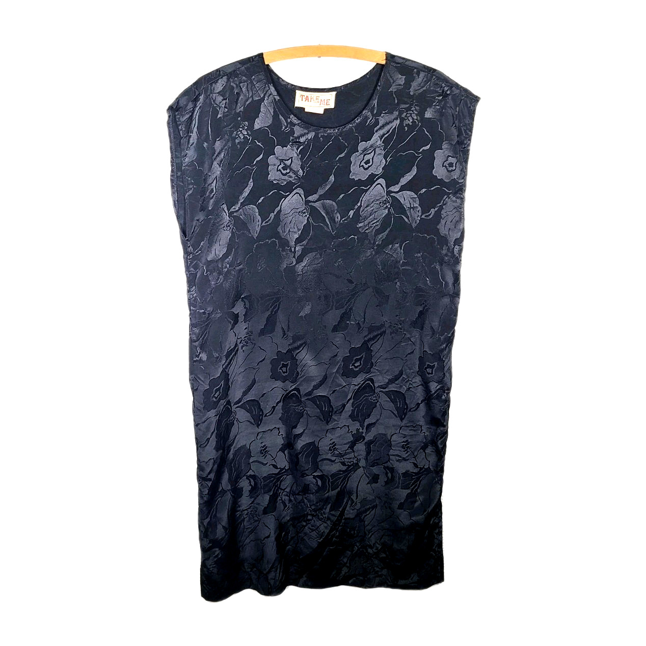 Vtg 80s Satin Dress Black Art Deco Iris Floral Print 30s Flapper Medium Take Me