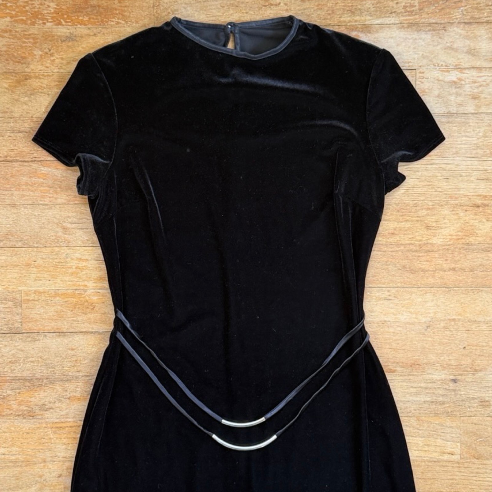 Vintage Black Crushed Velvet Midi Dress with Belt Detail Size Small Satin Trim
