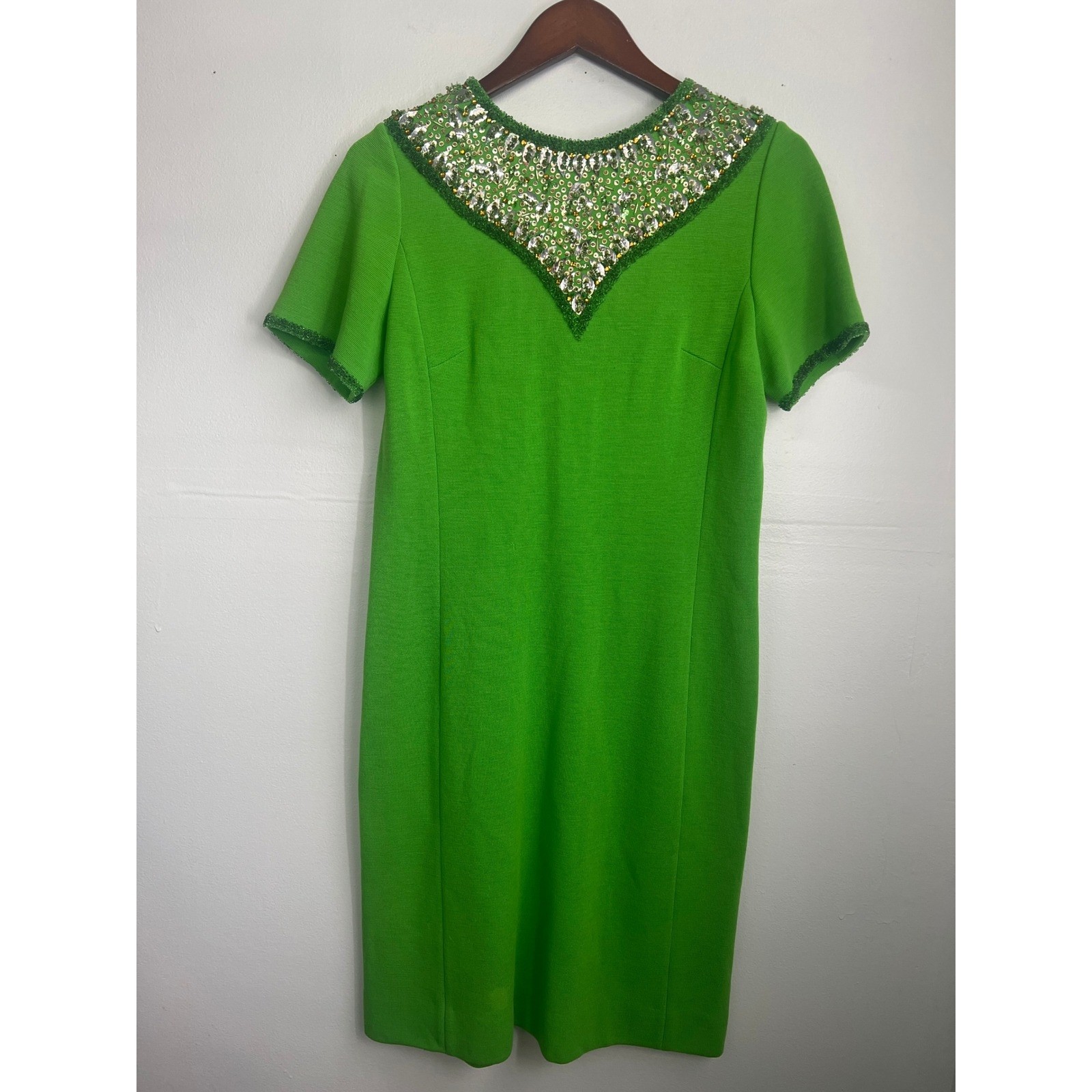 Robinson’s Vintage Wool Shift Dress Green Size 14 60s Mod Sequin Beaded Cocktail