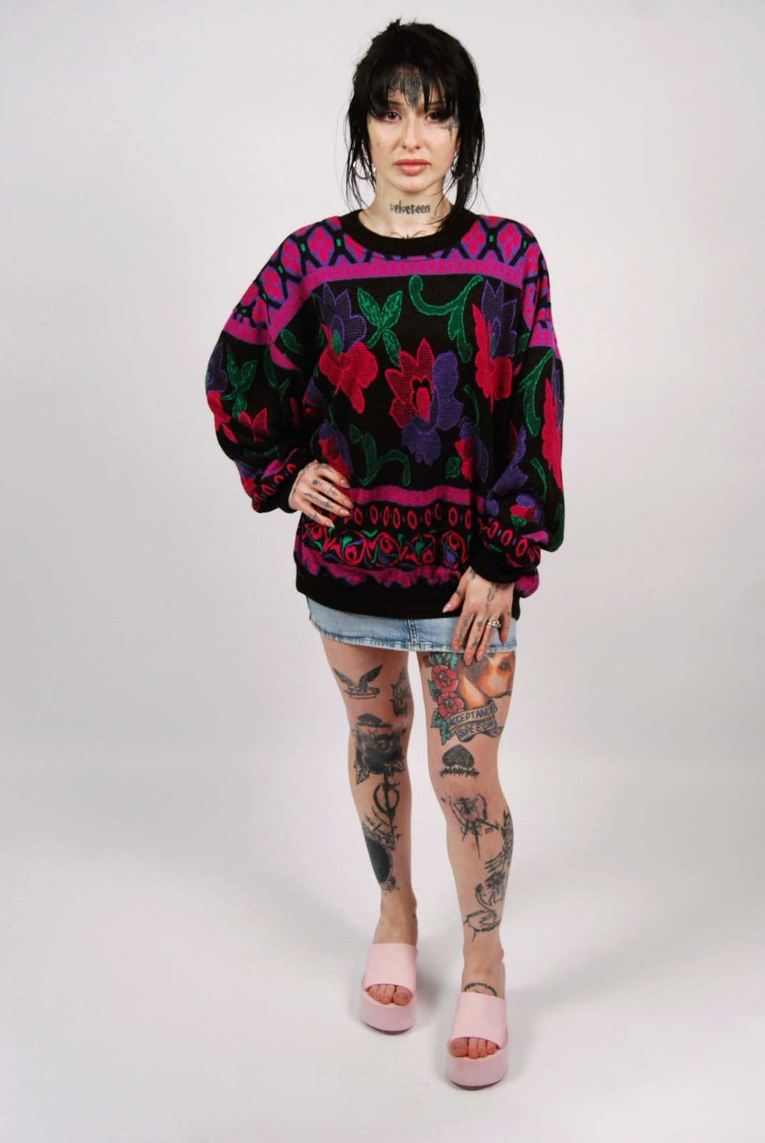 80s Neon Sweater (L) large black pink vintage womens graphic new wave indie cool