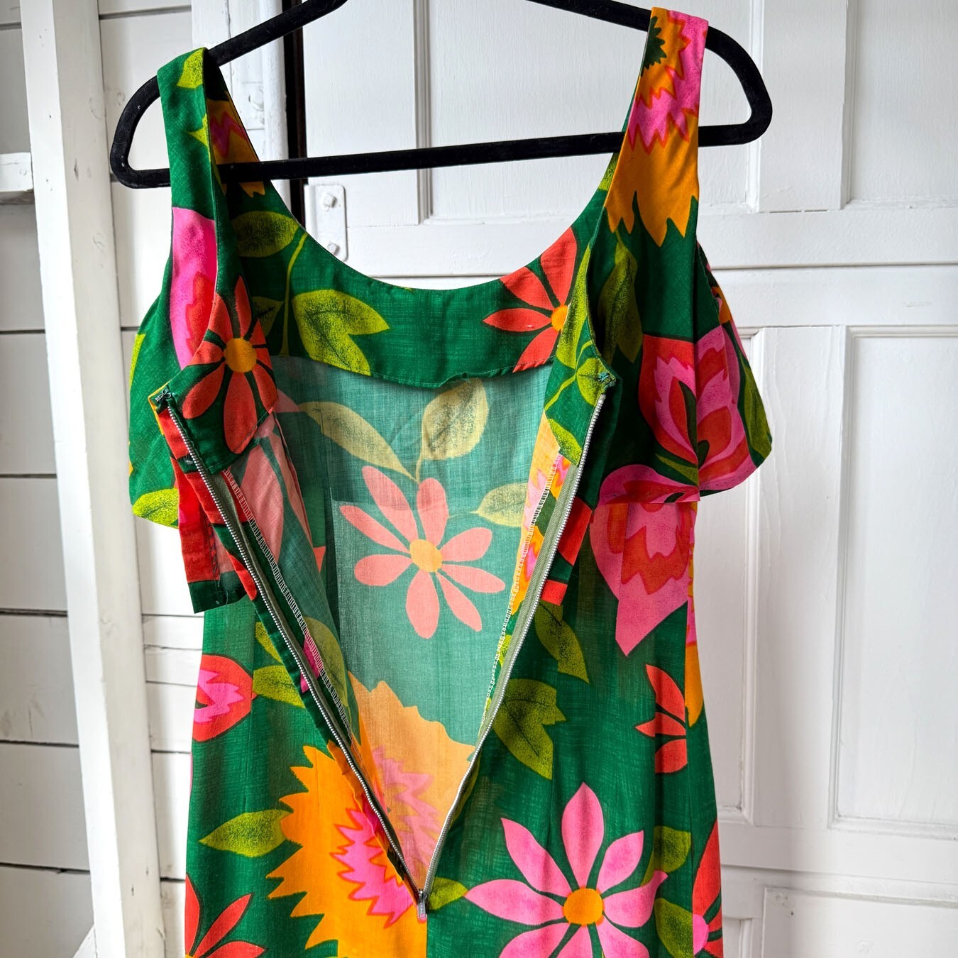 Vintage 70s Sydney Honolulu Green Butterfly Flower Print Mermaid Maxi Dress Sz S