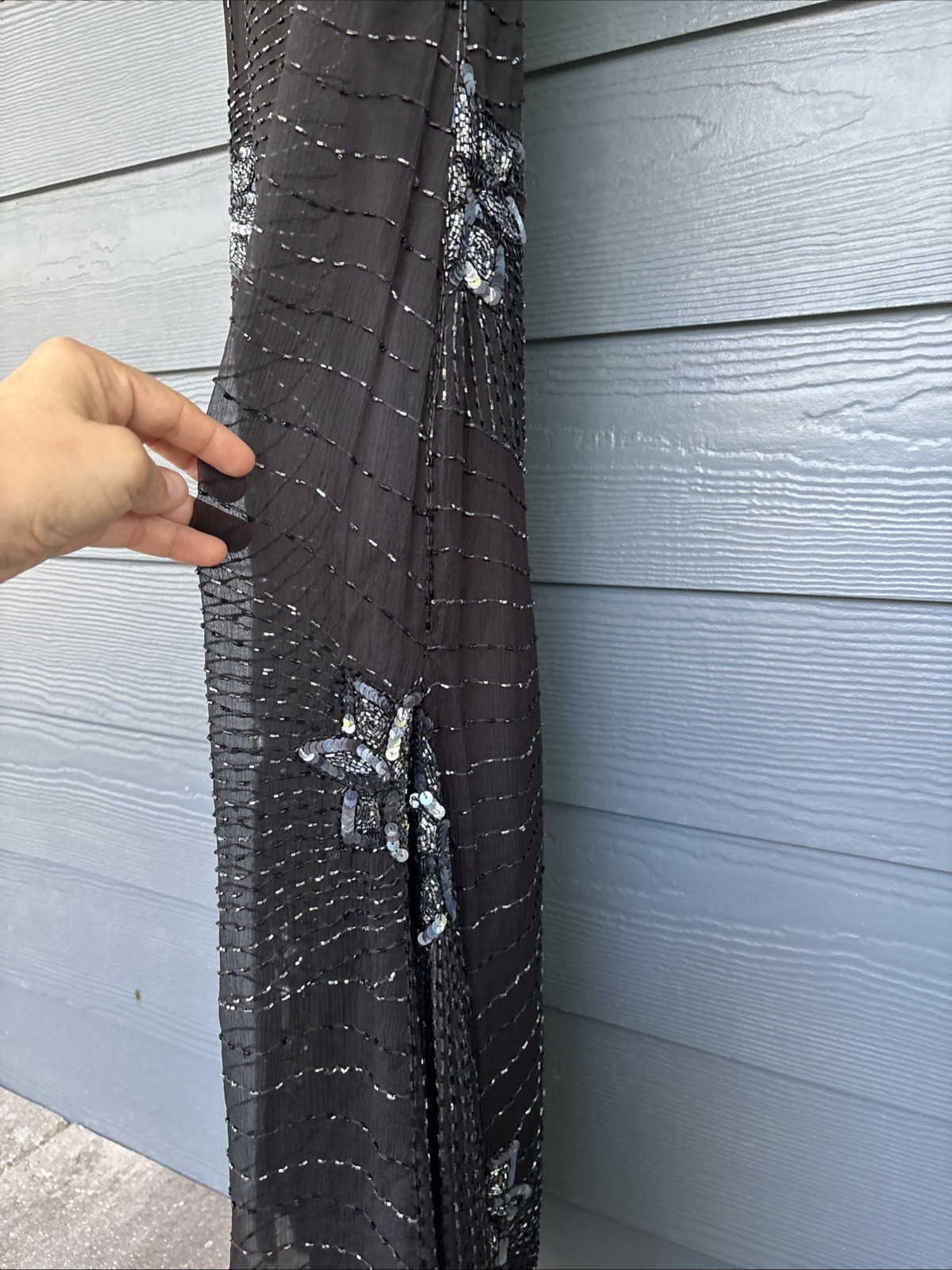 Vintage John Charles London Evening Gown Dress, Black Beaded Sequins, Size US-6