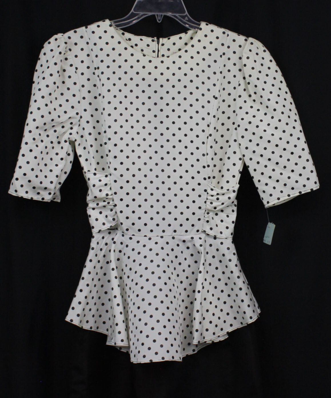 Vtg Diamond’s Run Dress 80s Retro Polka Dots Peplum Pouf Slv Black Wht NOS 11/12