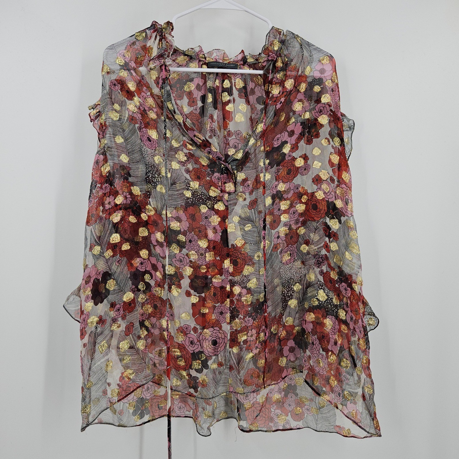 Alexander McQueen Silk Sheer Floral Blouse Maroon Gold Metallic Ruffle Peasant