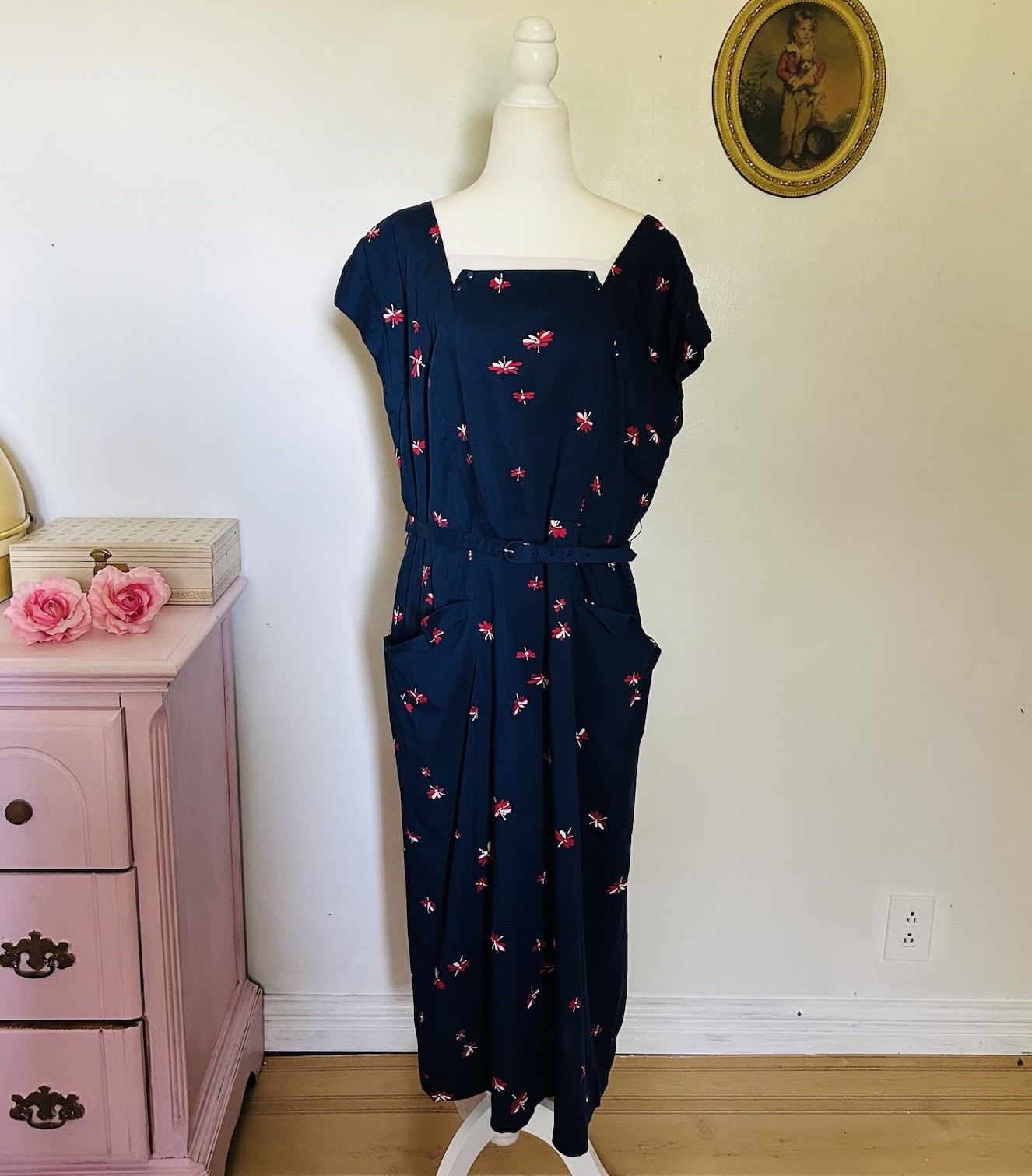 VTG 40s 50s Peg Top Cotton Sundress Bolero Set Navy Day Dress Metal Zip 36W XL