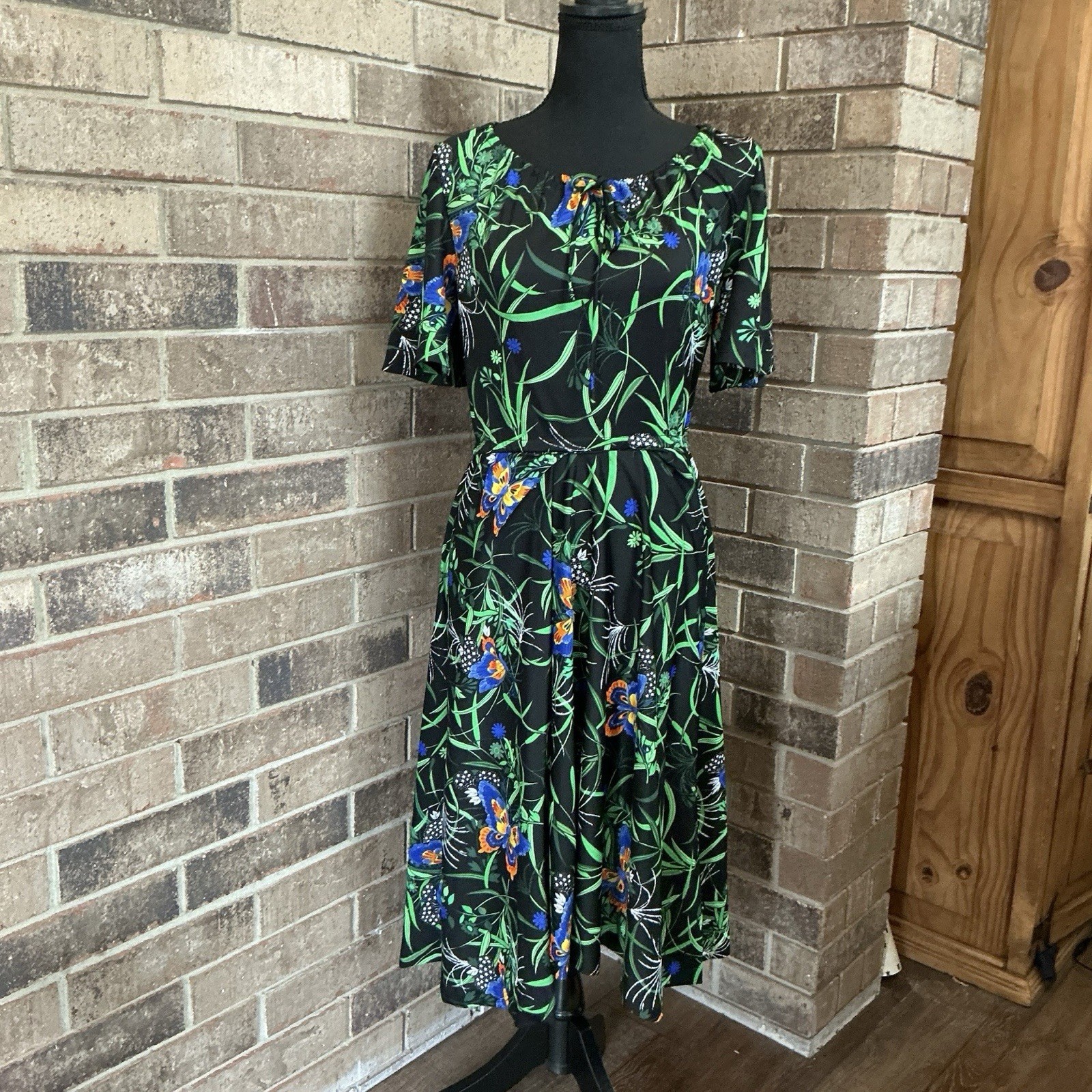 70s VINTAGE Yves Jennet Tropical Floral Midi Dress Size 14 Black Butterfly #6D6