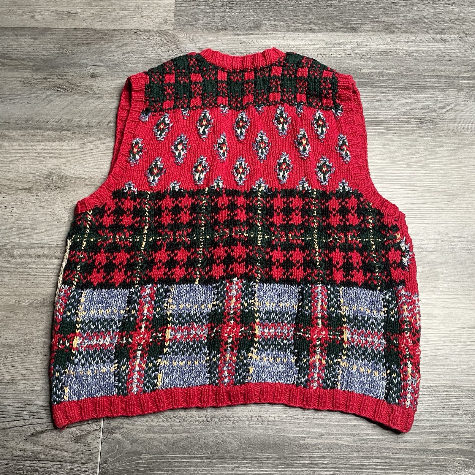 Vtg Robert Scott Ltd Hand Knit Christmas Sweater Vest Patchwork Pinecone Plaid L